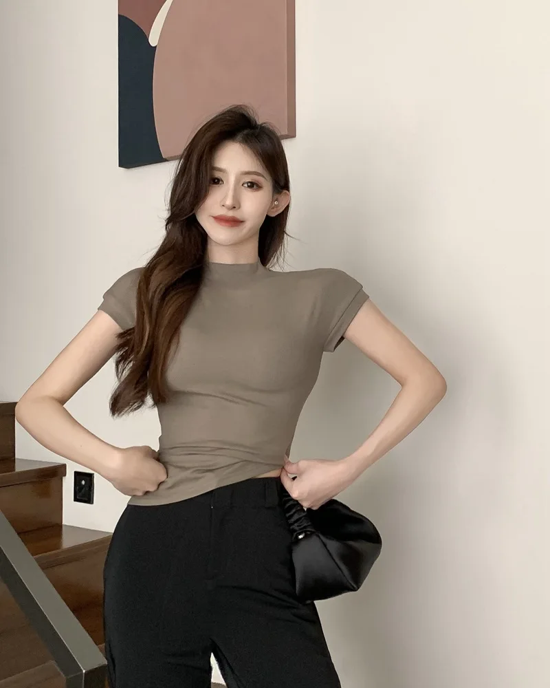 Koreanische Mode Grundlegende Crop Top Dame Kurzarm Crewneck Dünne T-shirt Sommer T für Frauen Vintage Top Harajuku Y2k Streetwear – Detail 4
