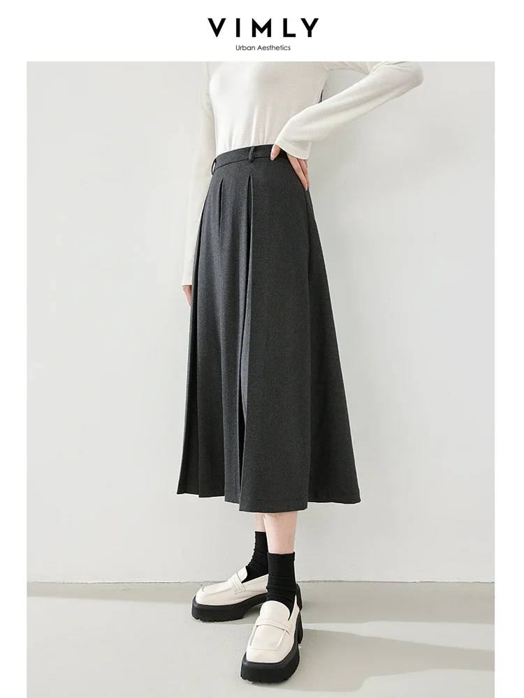 Vimly Quilted Thick Pleated Skirt for Woman 2023 Winter Grey A-line Midi Skirts Solid Office Lady Elegant Female Clothing M5628