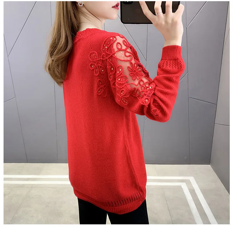 Hollow Out Knit Woman Sweater Spring Autumn New Lace Long Sleeve Pullovers Bottoming Womens Clothing O-neck Pull Femme Tops