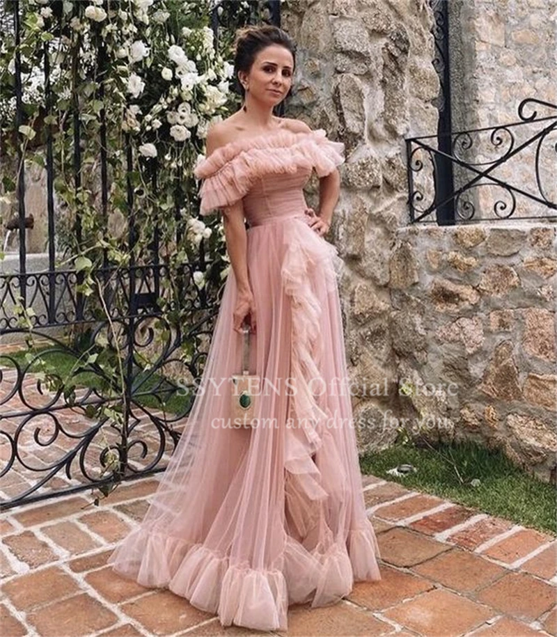 Elegancka różowa tiulowa sukienka na przyjęcie SSYTENS, z odkrytymi ramionami, warstwowa sukienka na bal maturalny, sukienka wieczorowa dla gościa weselnego, suknia formalna, szyta na miarę.