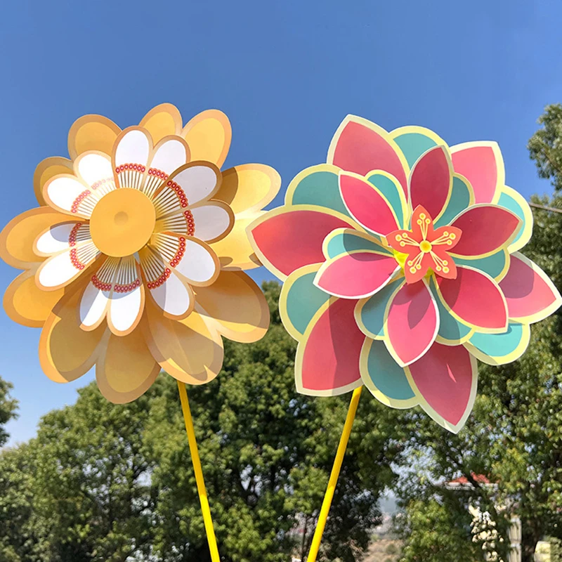 1 Piece Stake Standing Lawn Rotating Flower Pinwheel Double Layered Flower Shaped Windmill Garden Decoration Photo Props