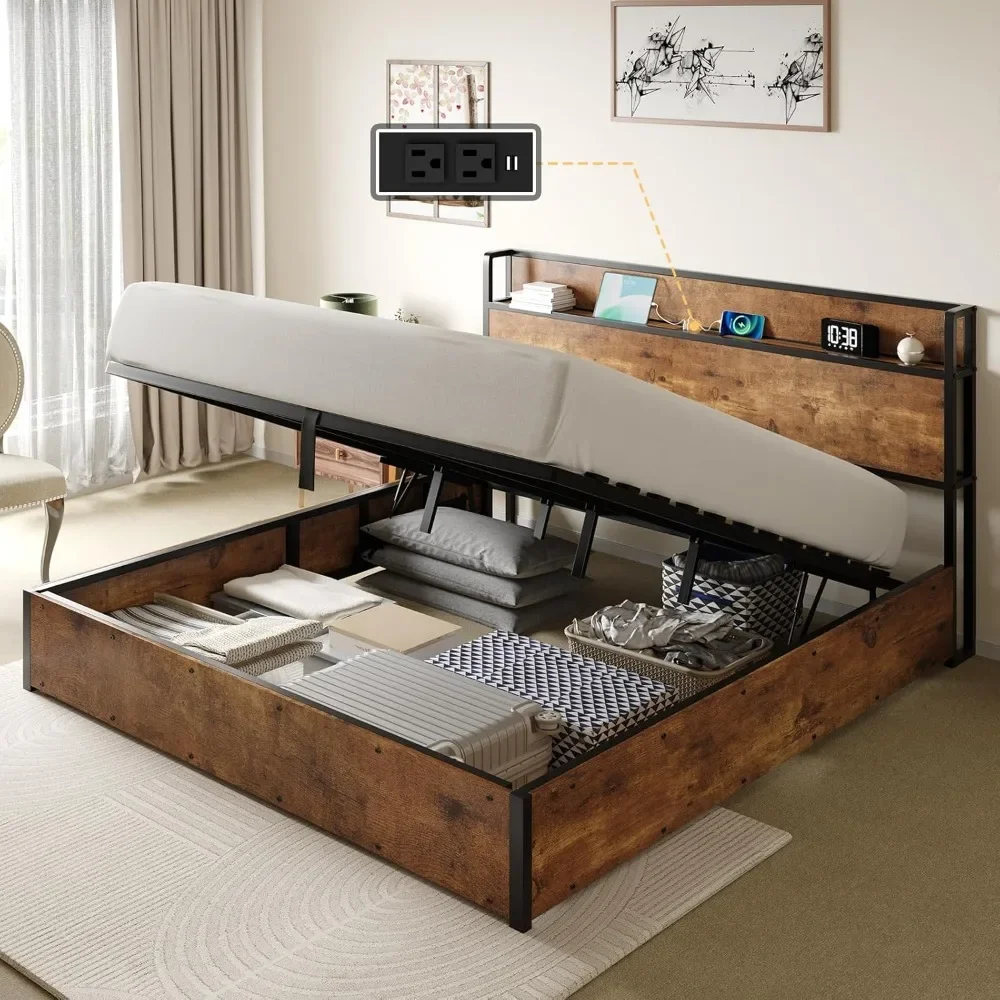 Bed Frame King Size Lift Up Storage , Platform Bed Frame Lifting Storage & Charging Station, No Spring Box Needed/Noise Free