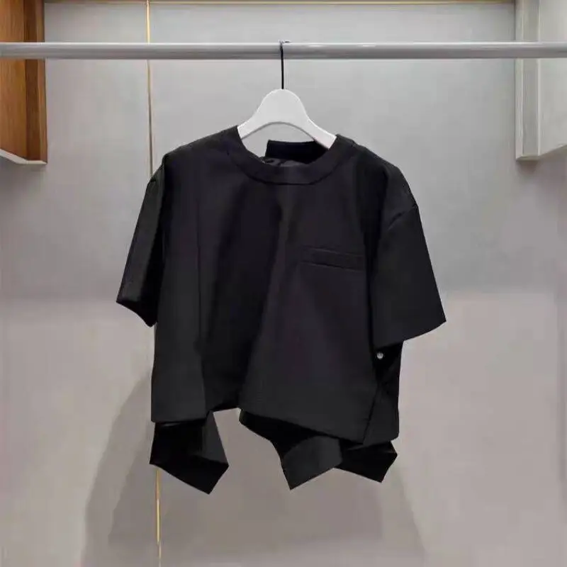 SAC irregular hem round neck short-sleeved back split streamer T-shirt