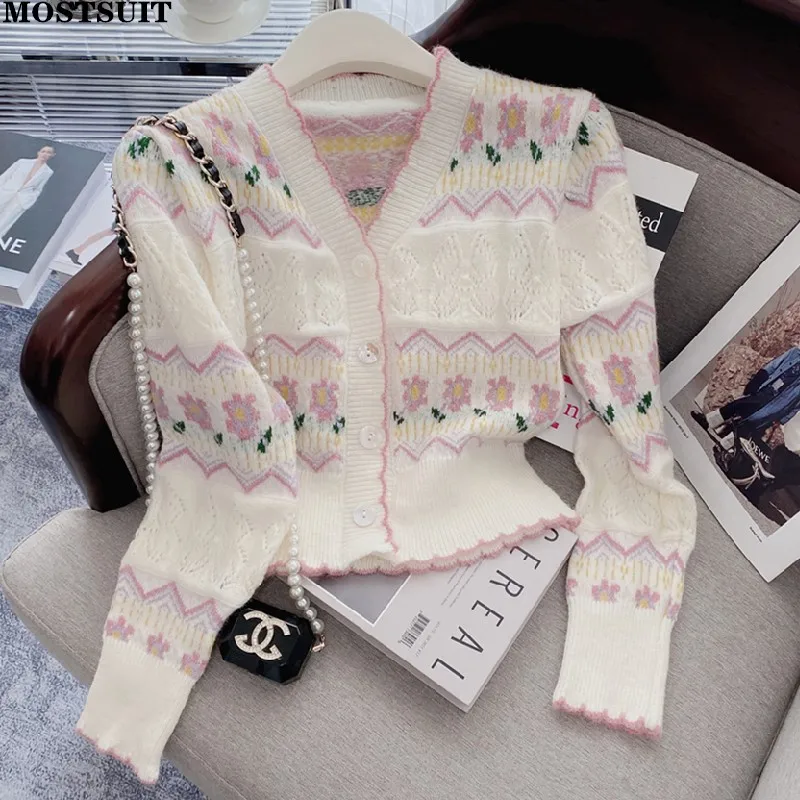 Cárdigan de punto de Jacquard Floral para mujer, suéter elegante coreano de manga larga con cuello en V, Tops cortos, jerséis de punto para mujer