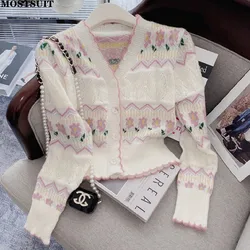 Floral Jacquard Korean Elegant Knit Cardigan Sweater For Women 2022 Autumn Long Sleeve V-neck Crop Tops Knitwear Jumpers Femme