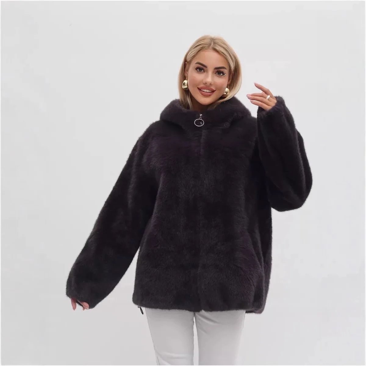Women's winter clothing Women's eco-friendly fur plush jacket winter zipper hooded cardigan wool coat windshield warm sweater