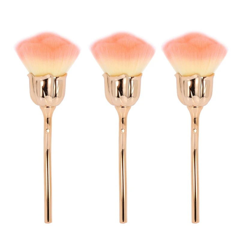 

3X Nail Dust Brush Pink Rose Brush Nail Art Cleaning Brush Blush Powder Brush(Gold)