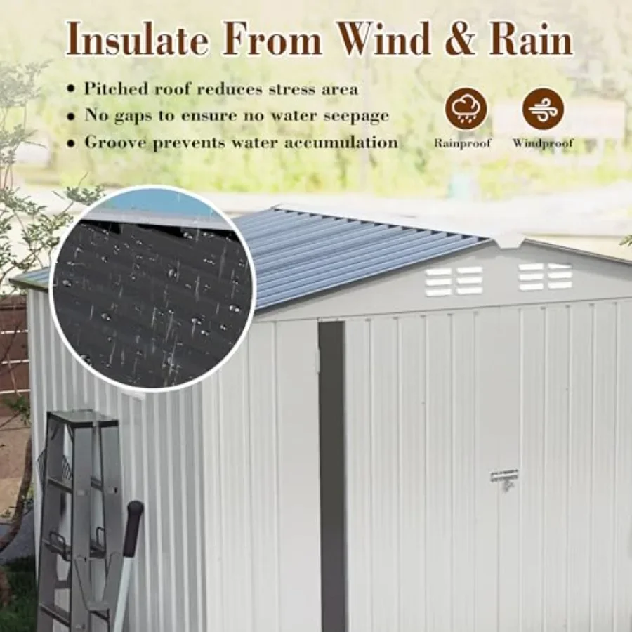 Outdoor garden storage shed, galvanized steel, gray, waterproof and lockable for backyard, patio, lawn use