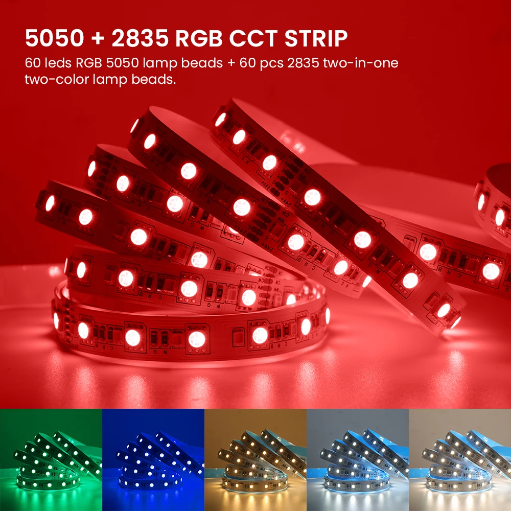 RGBCCT LED Strip 5M RGB 5050 LED Tape DC12V 24V SMD2835 CCT Ribbon Rope Lamp 120LEDs/m Flexible Diode Home Room Decor