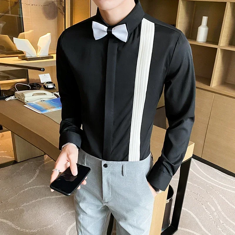 5XL-M Long Sleeved Tuxedo Shirt Men Black White Patchwork Business Casual Mens Dress Shirts Bow Tie Social Blouses Man Plus Size