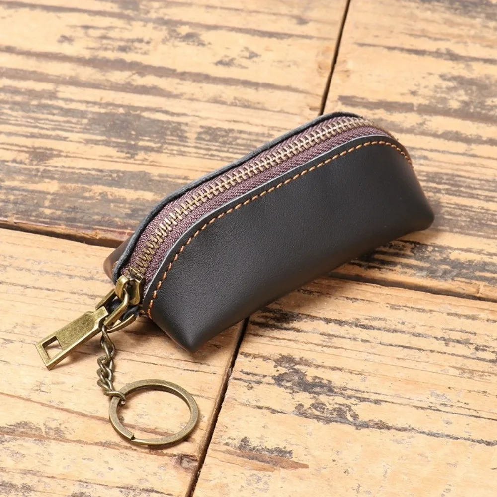Retro Anti-lost Mini Leather Coin Purse Zipper Solid Color Men Key Ring Pouch Credit Card Holder Classic Car Key Bag Work
