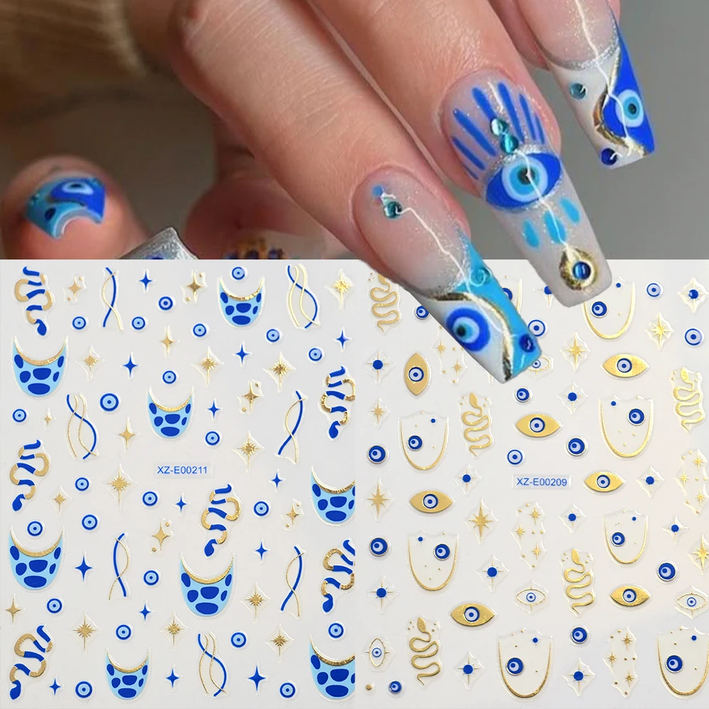 

1pcs 3D Blue Evil Eye Nail Stickers Bronzing Devil Eye Star Snake French Manicure Decals Y2k Halloween Adhesive Nail Slider Deco