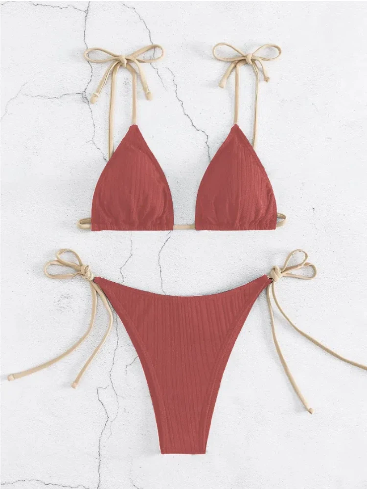 Microbikini rojo vino para mujer, traje de baño Sexy para mujer, conjunto de Bikini con Tanga, traje de baño brasileño para playa, Bikini con cordón 2024