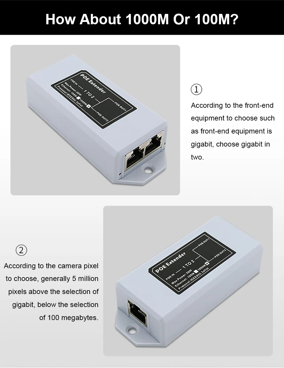 1 to 2 Port POE Extender 100/1000Mbps IEEE 802.3af/at Standard 48V for NVR IP Camera POE Extend 100 Meters for POE Range