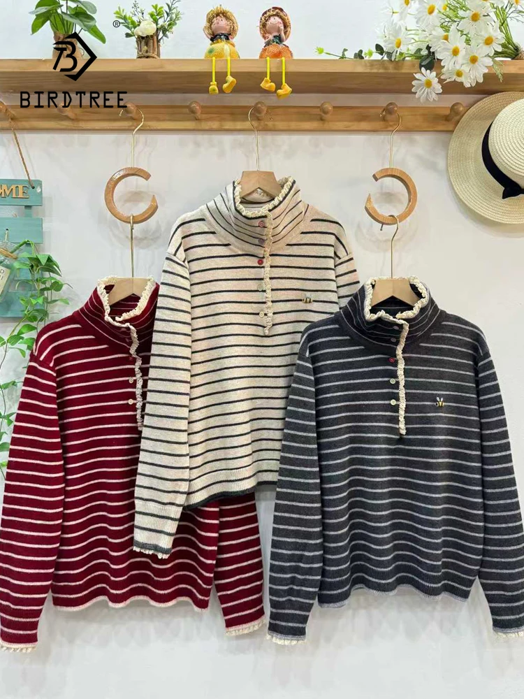 เสื้อสเวตเตอร์ผสมผ้าฝ้ายสำหรับฤดูหนาวปี 2025 ใหม่ล่าสุด ผู้หญิง คอเต่า ลายทาง แต่งลูกไม้ สไตล์โมริเกิร์ล วินเทจ หวาน หลวม รุ่น T5D352CC