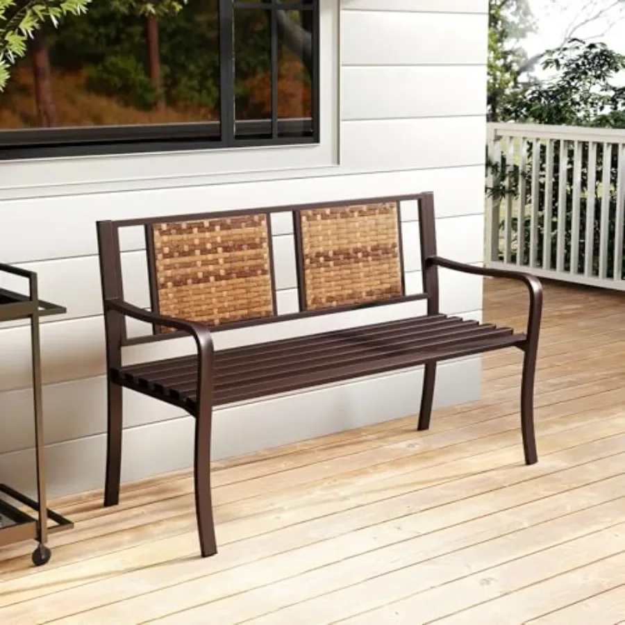 Outdoor Bench with PE Rattan Backrest, Curved Armrests, Slatted Seat for 2-3 Persons, Heavy-Duty Outdoor Seating Furniture, Gar
