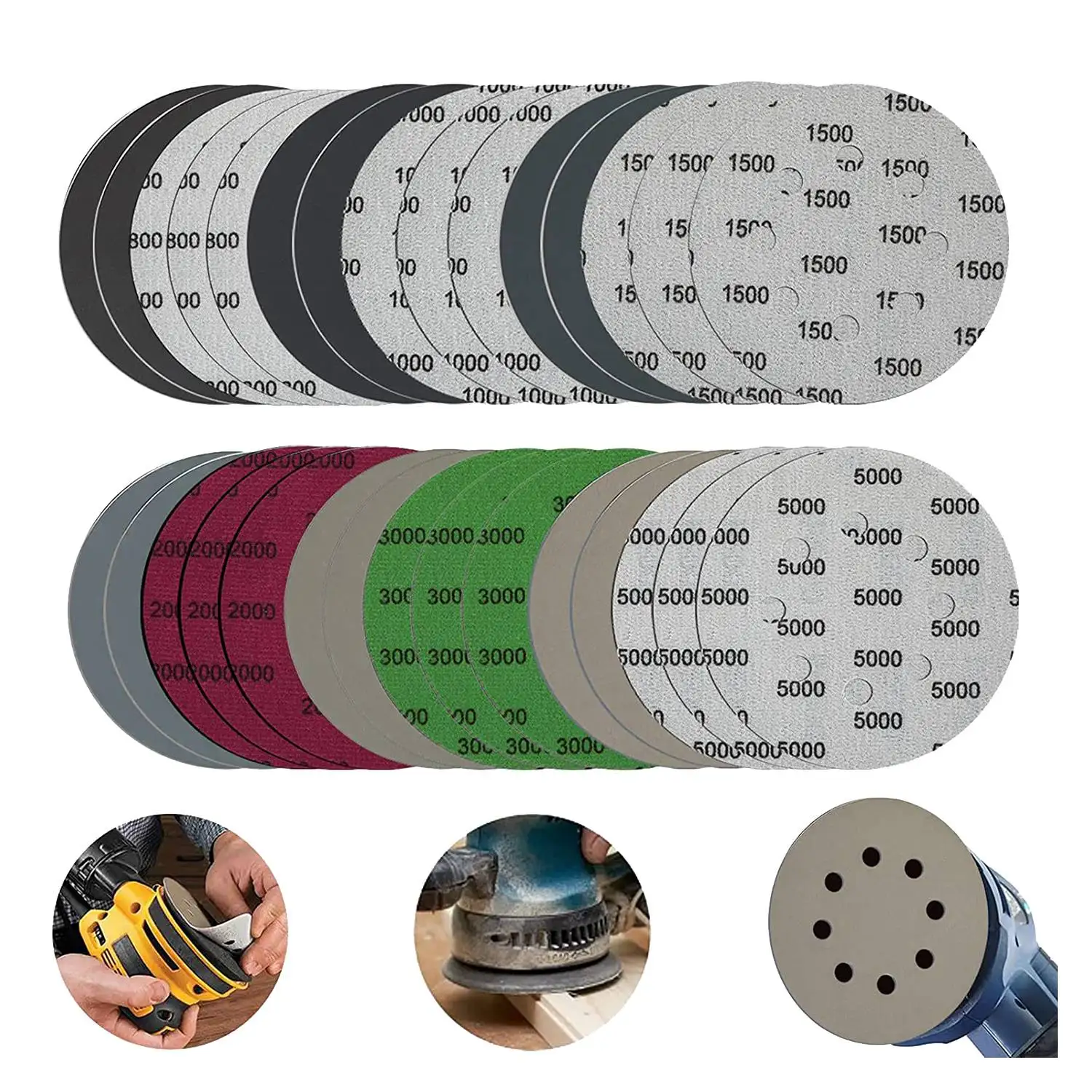 [HOT!A34R】 30Pcs 5-Inch Sanding Disc Sets, Hook&Loop 5-Inch 8-Hole Combination (800/1000/1500/2000/3000/5000) Sandpaper New