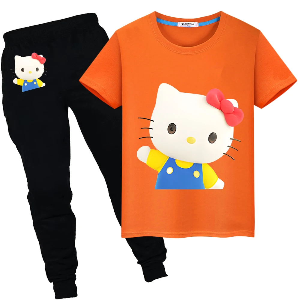 Setelan baju olahraga musim panas hello kitty T-shirt lucu 100% katun pendek + celana atasan imut pakaian anak laki-laki perempuan Tshirts hadiah liburan