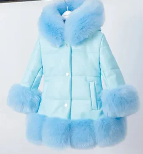 Kids red girl\'s PU leather fox faux fur collar jacket Eid coat down parkas thicken princess winter outerwear fur Christmas coat