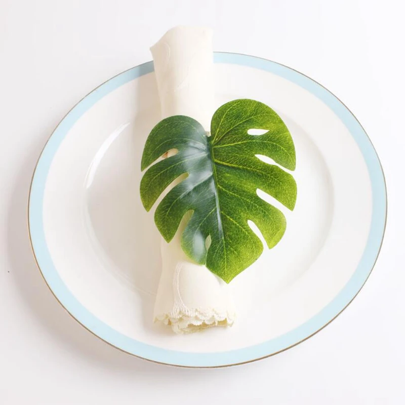 새로운 Monstera 냅킨 링 10개 세트, 인조 야자수 냅킨 링, 테이블 세팅용 녹색 잎 냅킨 버클 홀더