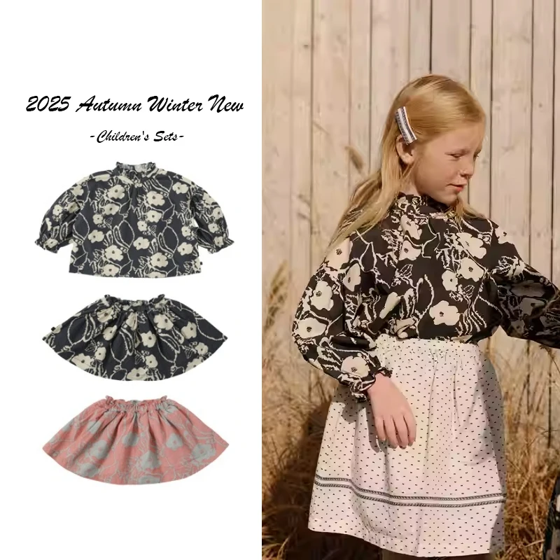 

2025 Autumn Winter Corduroy Printed Long Sleeved Shirt with Printed Fluffy Skirt Set Elegant and Dignified Style Girls' Clothing