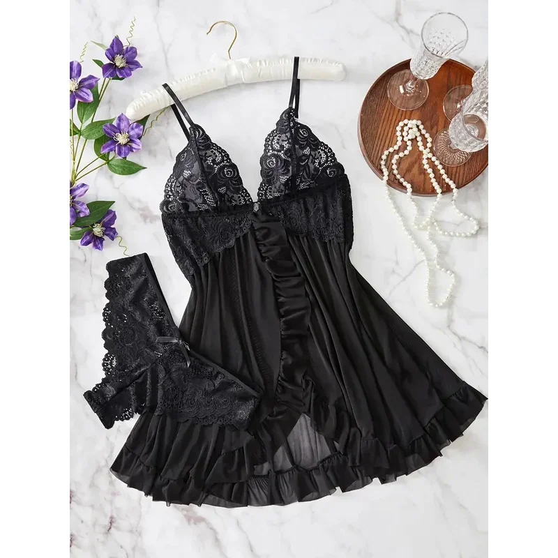 Contrast Lace Ruffle Trim Set, Deep V Slip Dress & Thong, Women'S Lingerie & Underwear