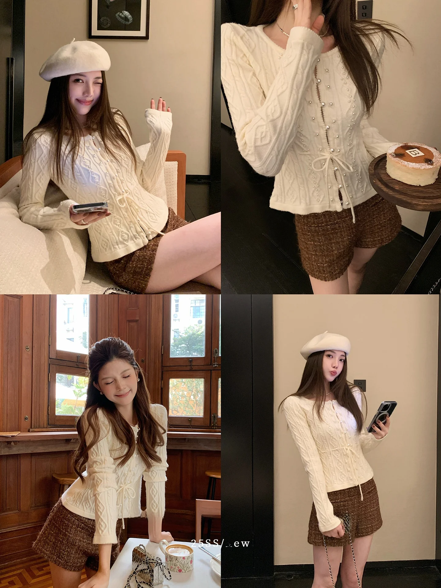 

Heavyweight Pearl Knitted Open Cardigan ort Design round Ne Waist Cinched Bla Bean Hiss Jellyfi Tear Knitwear