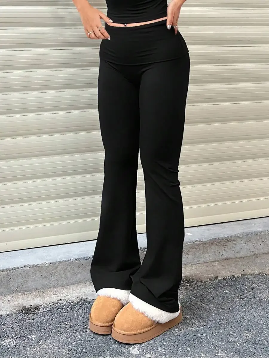 Pantaloni donna neri solidi pantaloni Slim aderenti a vita alta Streetwear pantaloni Casual svasati abbigliamento donna pantaloni Capris a figura intera donna