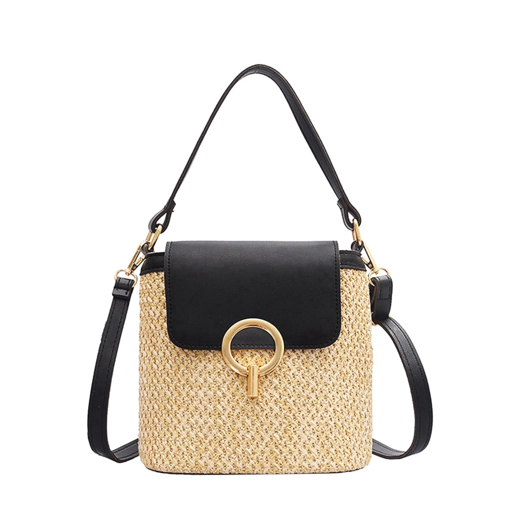 ABFW Small Straw Bucket Bags for Women Summer Crossbody Bags Lady Travel Purses and Handbags Female Shoulder Simple Bag Black