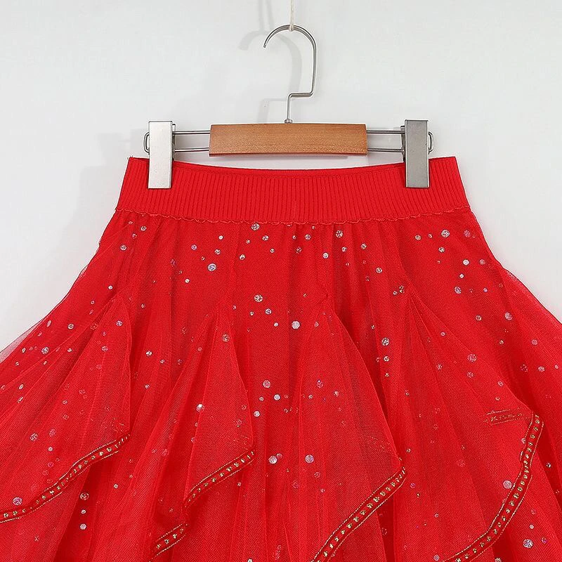 Puffy Half Skirt Large Size Slimming Base Skirt Square Dance Original Design 2024 Dancing Short Skirt Three Step Red Skirt