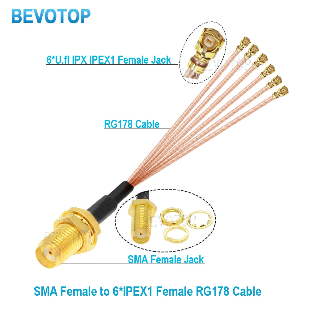 1PCS SMA to 6 IPX Splitter RP-SMA / SMA Female to 6 x Female1 RG178/ RF1.13 Cable WIFI Antenna Extension Jumper Pigtail