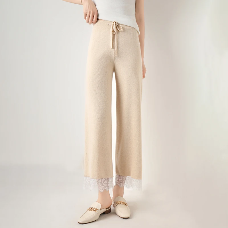 

100% pure wool temperament wide-leg pants women's high waist lace casual autumn and winter new cashmere knitted pants.