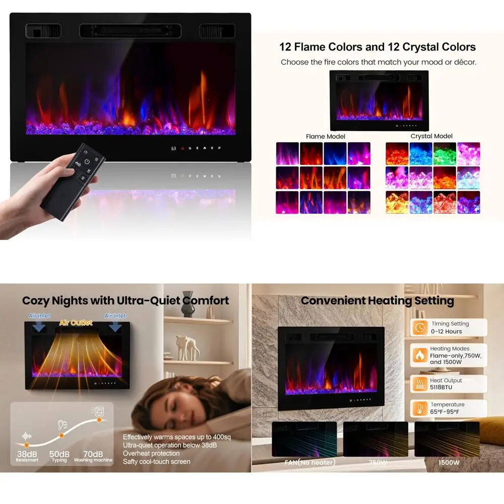 

36 Wall-Mounted Electric Fireplace Heater with Remote Control, Slim Design, Touchscreen Controls, Black Finish