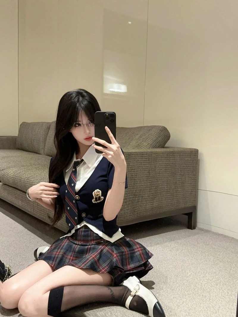 jk-school-girl-set-korean-style-summer-uniform-two-piece-short-sleeve-skirt-top-plaid-short-skirt-two-piece-set-fashionable-set