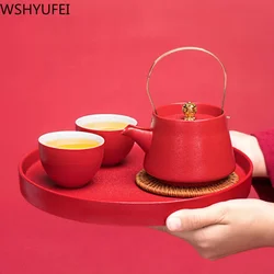 WSHYUFEI Red Teapot Ceramics tea set China wedding Tea Sets Tea Cups Pot Porcelain Wedding banquet Beautiful Kettle Gifts