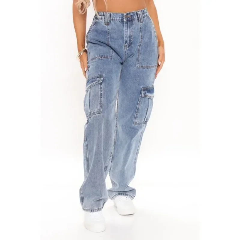 Calças jeans de perna larga para mulheres, streetwear multi-bolsa, jeans de cintura alta, calças soltas, cintura elástica, tendência