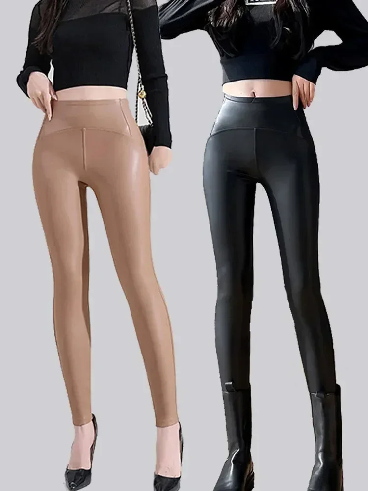 Sexy Slimming Pu Leather Leggings Women Spring Autumn Black High Waist Tights Stretch Soft Thin Fleece Leggings for Women Pants