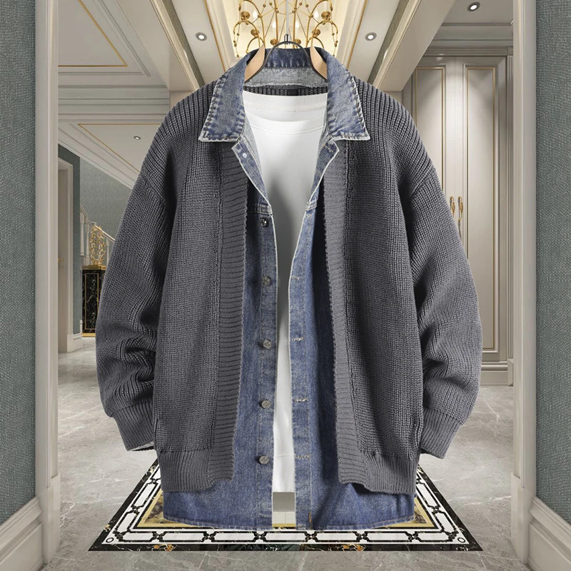 

Casual Knitted Cardigan Sweater Set for Men Trendy Spring Autumn Fashion Outerwear Men's Denim Fake Two-Piece Design y2k Sweater