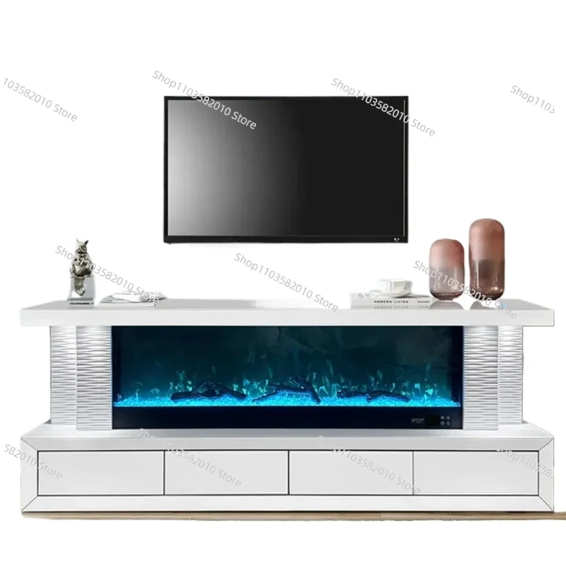 Modern European style TV stand with high gloss 3D electronic fireplace, wooden luxury furniture