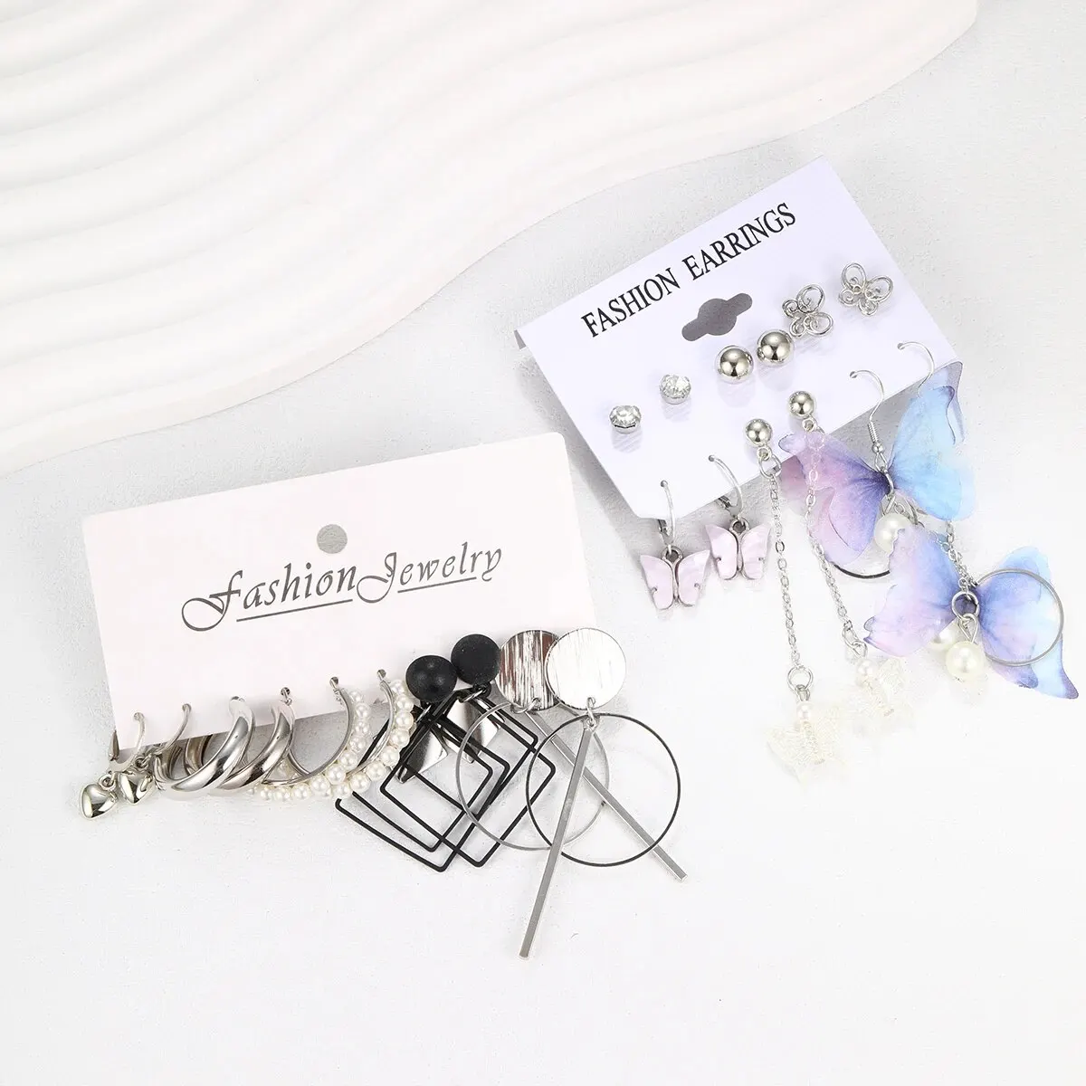 الفضة شرابة القرط مجموعة للنساء ، فراشة ، مربع ، الهندسة اللؤلؤ ، 11 قطعة