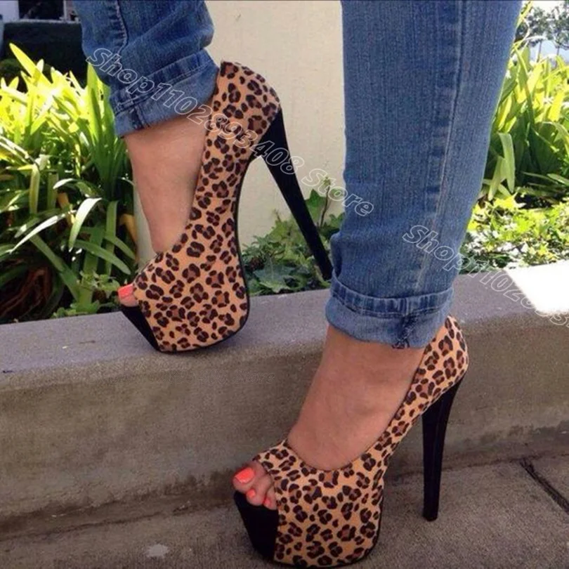 Leopard Print Platform Flock Pumps Peep Toe Stiletto Heels British Style Fashion Dress Casual Shoes 2024 Zapatos Para Mujere