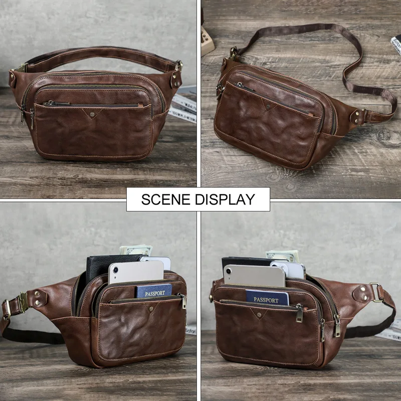 HTS-MB260 حقيبة صدر للرجال مصنوعة يدويًا من الجلد بطبقة رأس، حقيبة خصر رياضية كاجوال للرجال