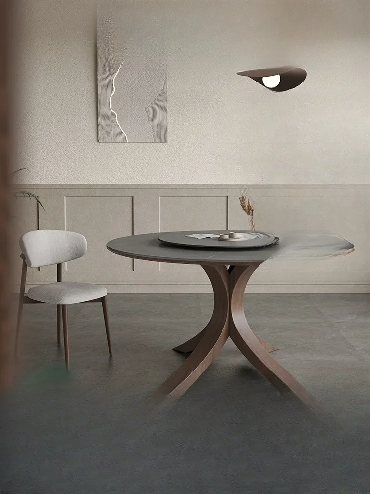 

Matte rock slab dining table round with turntable 8 people dining table modern ash wood solid wood round table