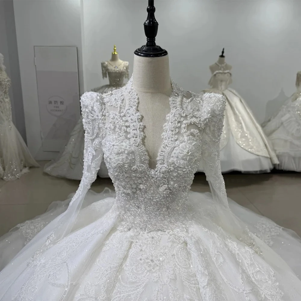 Custom Luxury Long Sleeve Lace Bridal Gown Deep V Neck Sparkling Tulle Ball Gown Wedding Dress with Chapel Train