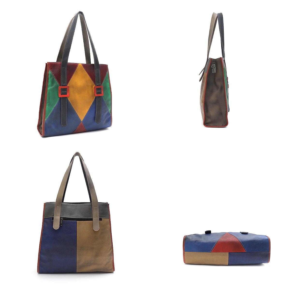 SC Vintage Sprayed Random Color Patchwork Genuine Leather Cowhide Large Capacity Tote fits in 13‘ Laptop Cross body Shoulder Bag image 5