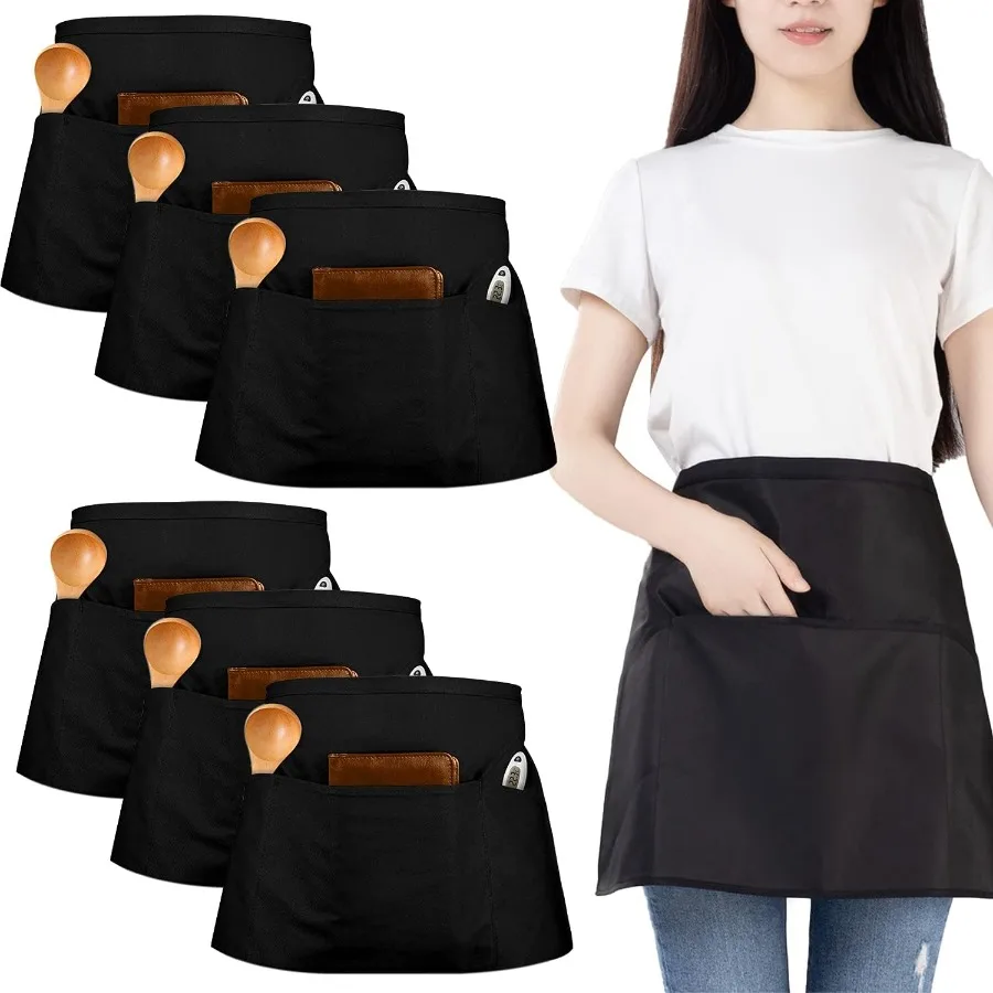 Paquete de 6 medio delantales impermeables para hombres y mujeres, camarera, Chef, uso de cocina y limpieza con 3 bolsillos, Desi duradero y práctico