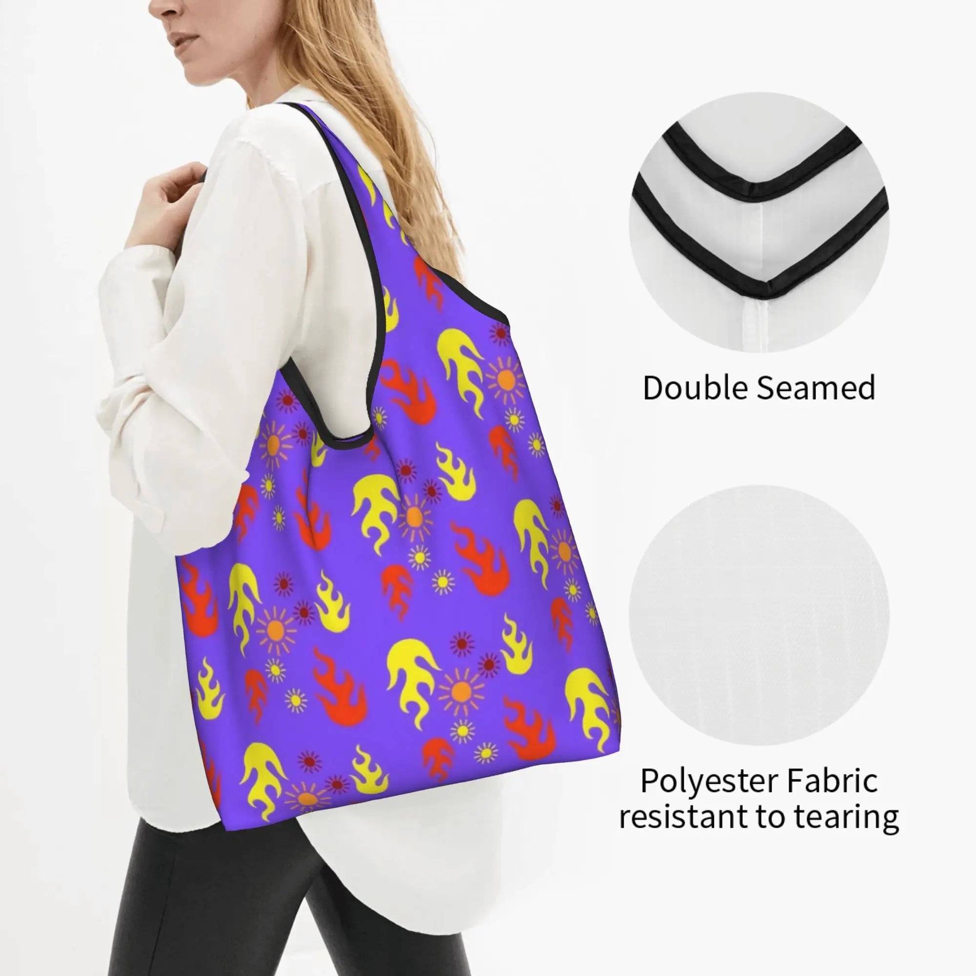 Reusable Flame Fire in Autumn  Shopping Bag Women Tote Bag Portable Flaming  Groceries Shopper Bags