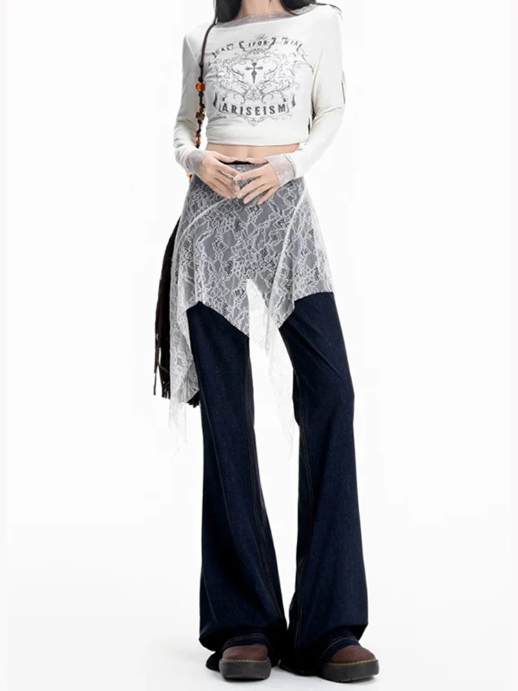 Y2K – jean bleu profond pour femmes, rétro américain, Micro évasé, couture en dentelle, taille haute, Slim Fit, pantalon en fer à cheval
