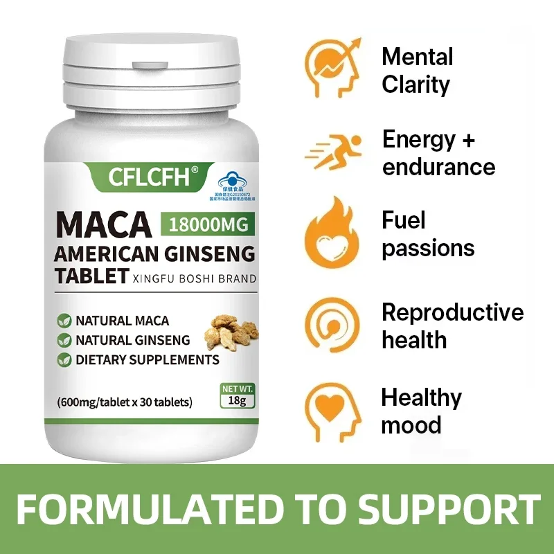 30PCS Maca Supplements Products Male Hormone Balance Increase Muscle Mass, Endurance and Vitality Maca American Ginseng Tablet