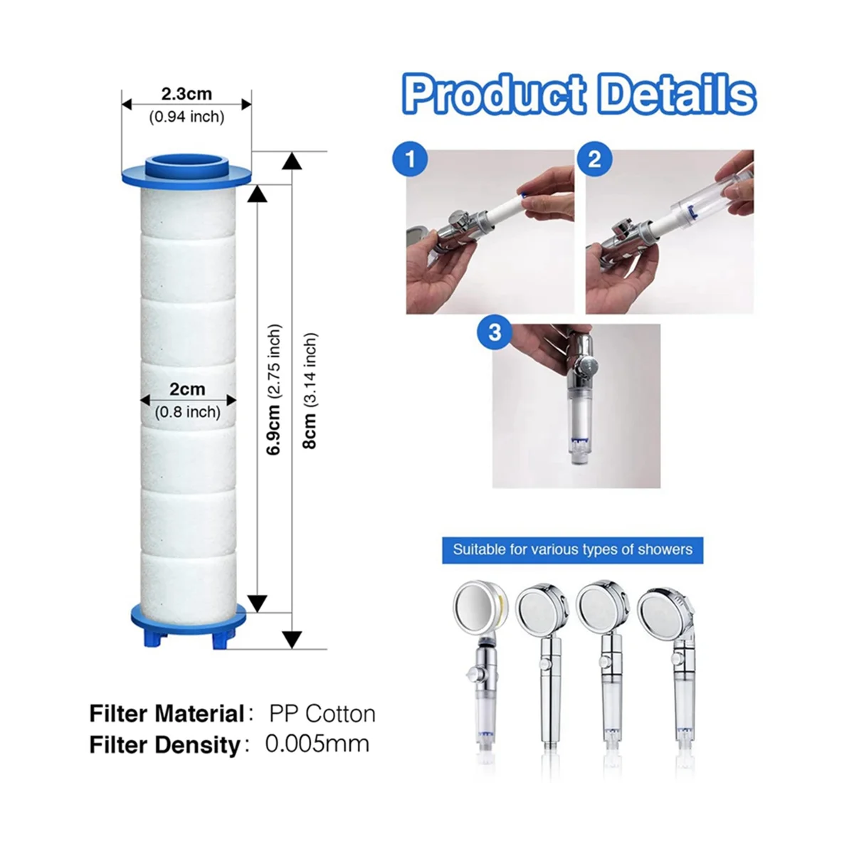 Сменный фильтр для душа, фильтр для твердой воды с высокой производительностью для удаления хлора и фторида, 20 шт.